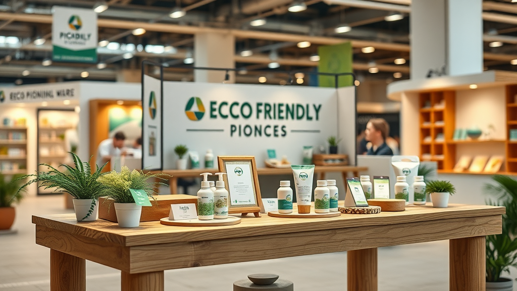 Sustainable creative promotional products arranged attractively on wood display
