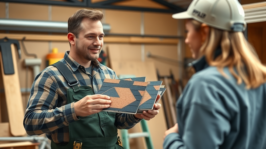 professional roofer showing sample roofing materials to homeowner during roof installation