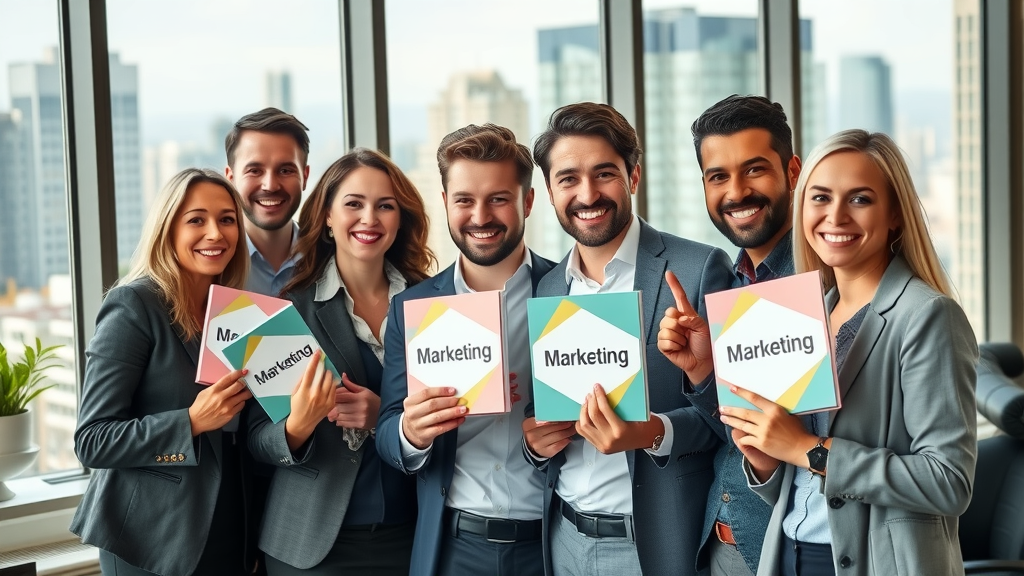 Successful marketing team holding branded promotional products, smiling confidently