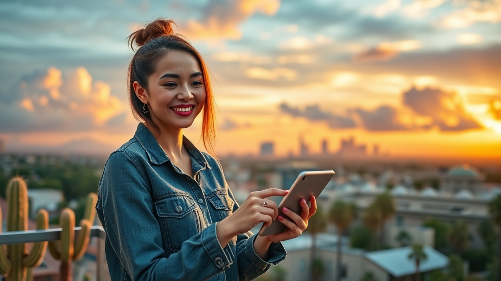 Modern influencer scheduling social media posts, Phoenix skyline, influencer marketing