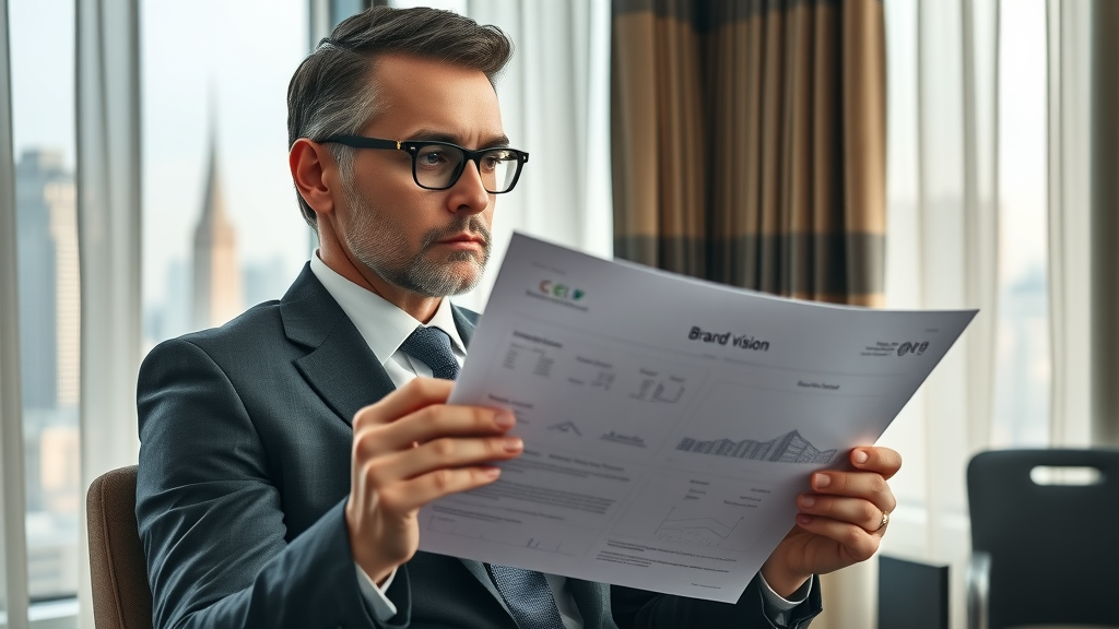 thoughtful CEO reviewing brand vision documents for brand strategy