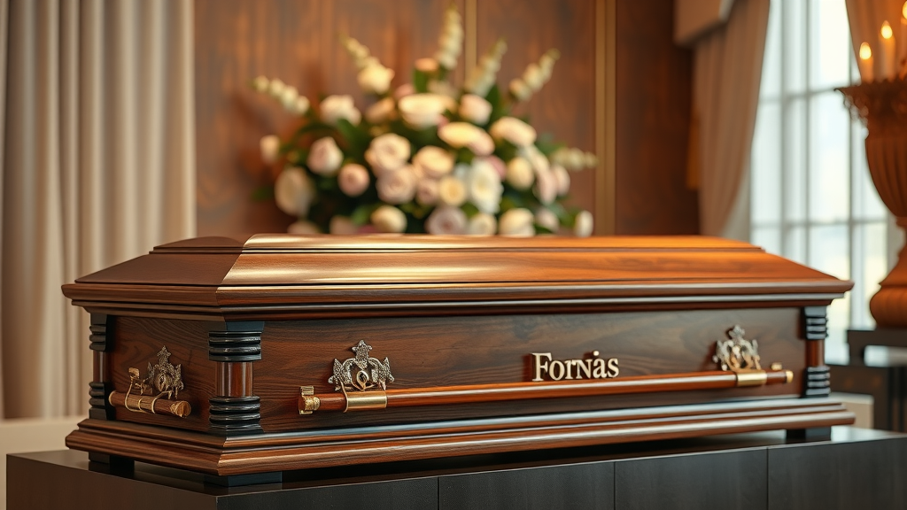 elegant wood casket displayed with floral arrangements in a funeral home
