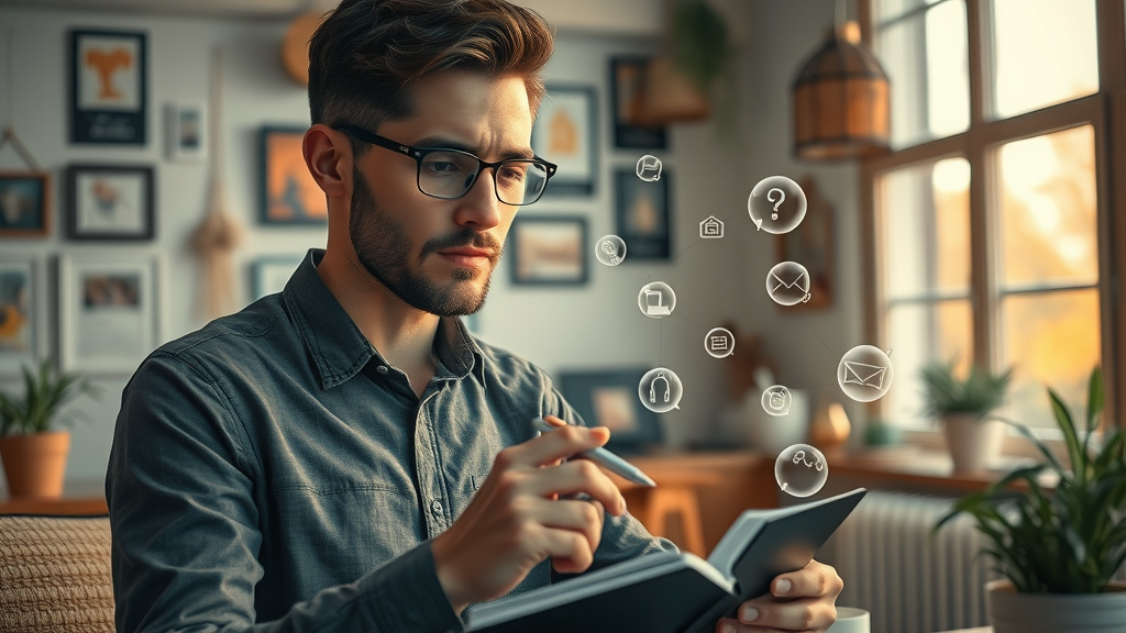 Creative professional brainstorming content ideas for digital media in a cozy workspace with inspirational decor
