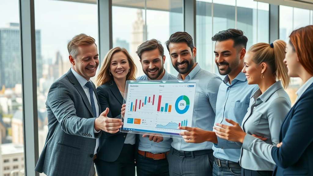 Dynamic business team collaborating on marketing strategy consultant solutions in modern office with digital marketing charts