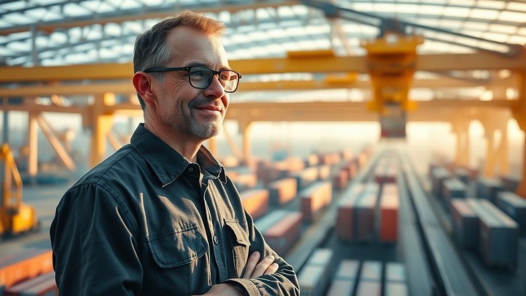 optimistic shipyard manager overseeing AI-controlled cranes moving containers efficiently