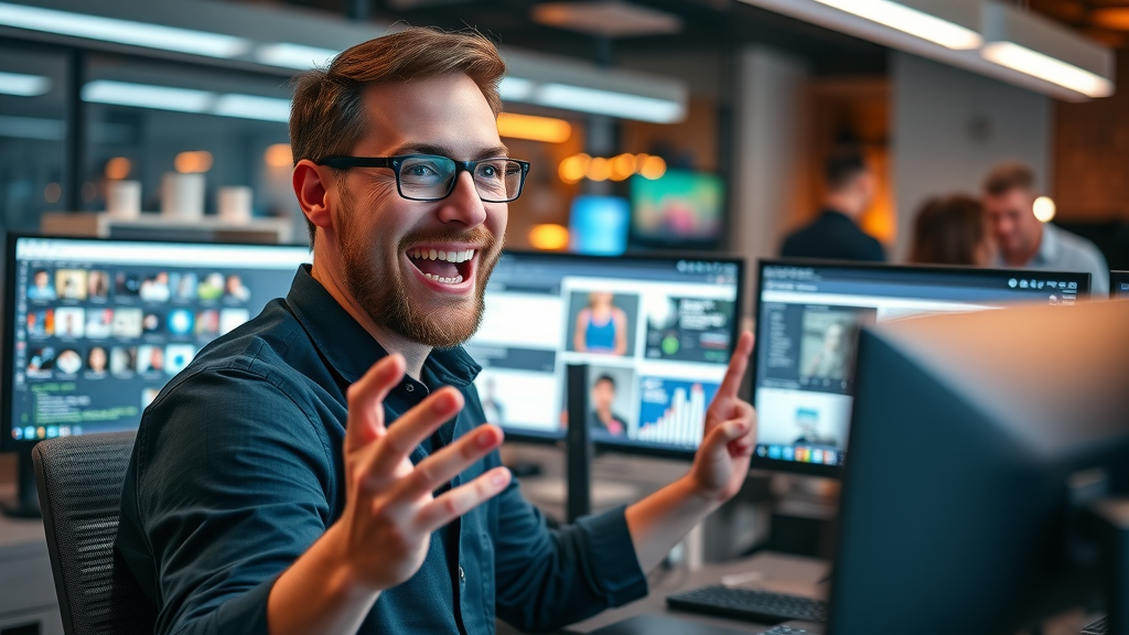 Engaged social media marketer managing multiple brand accounts—a dynamic scene illustrating the power of social media for effective marketing branding.