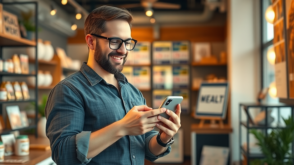 Small business owner reviewing cross-channel marketing results on a smartphone in a cozy, trendy shop setting.