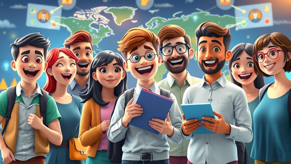 Animated infographic showing global student exchanges and AI-driven specialization collaborations