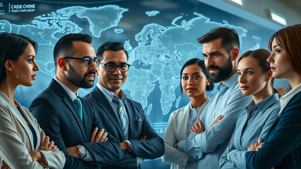 Thoughtful professionals interpreting digital map for global supply chains and geographic specialization