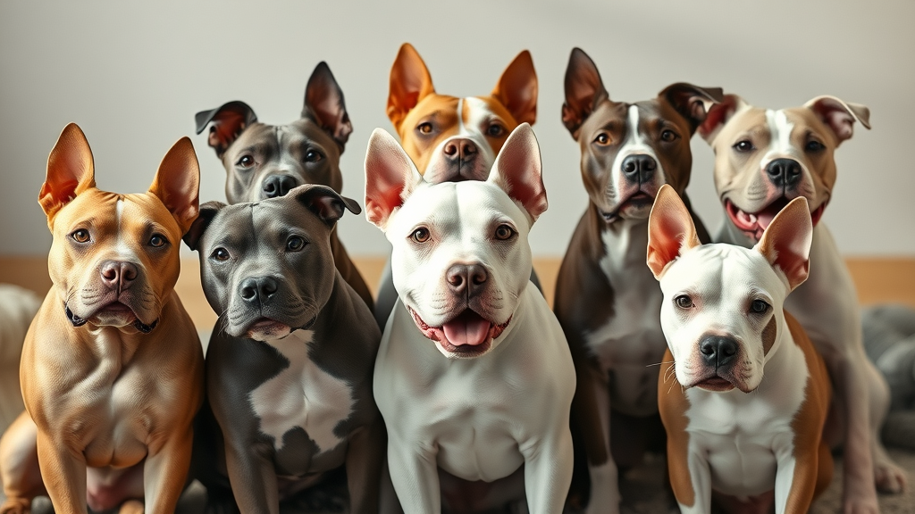 diverse group of pit bull terriers and bull terriers, friendly expressions, calmly interacting together, photorealistic high fidelity lifelike, neutral indoor background with soft textures, highly detailed, subtle motion as tails wag, natural daylight with balanced shadows, shot with a 35mm lens. pit bull terrier