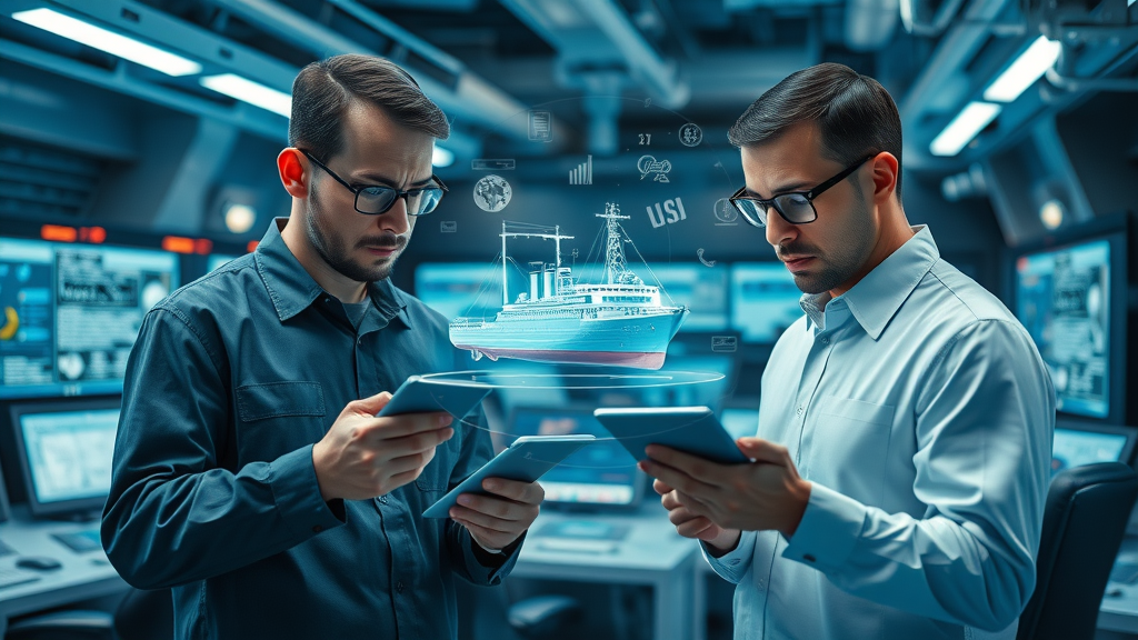 innovative digital twin concept visualized as holographic ship overlay, engineers examining data in a high-tech shipyard