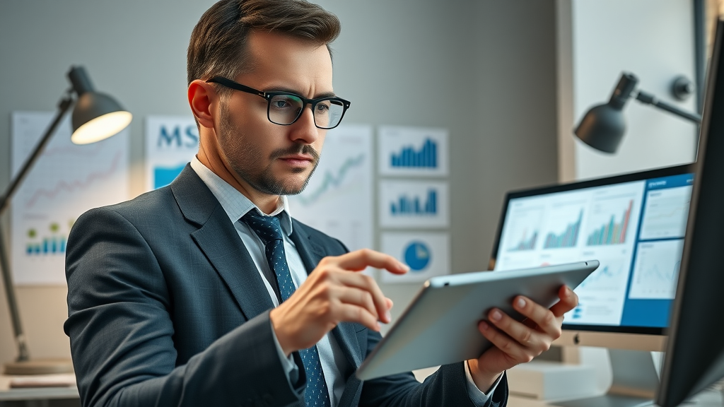 referral program software business professional comparing features on digital tablet workspace