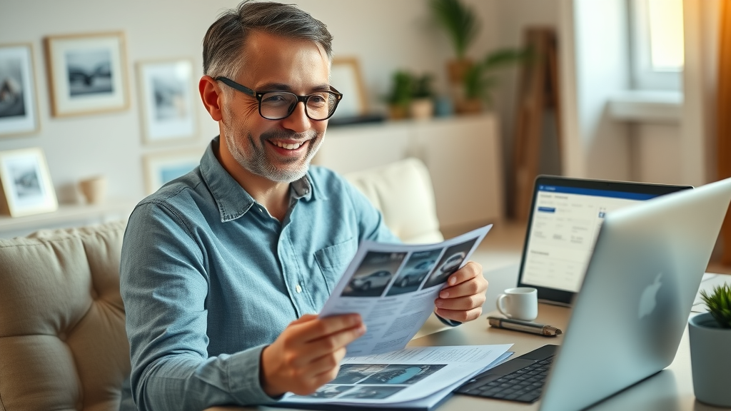 Empowered car owner organizing photos and documents for vehicle damage assessment in a home office