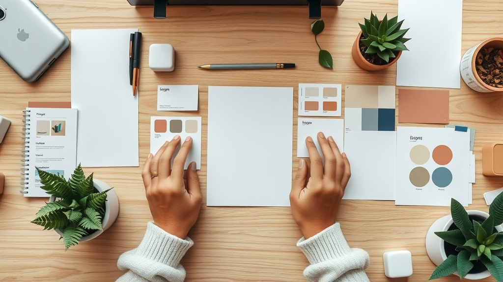 branded stationary, logo mockups, color swatches, sketches showing brand identity elements