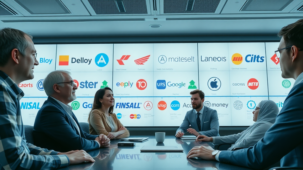 timeline of global brand logo evolution, executives reviewing designs, conference room wall of brand marks - brand identity visual branding