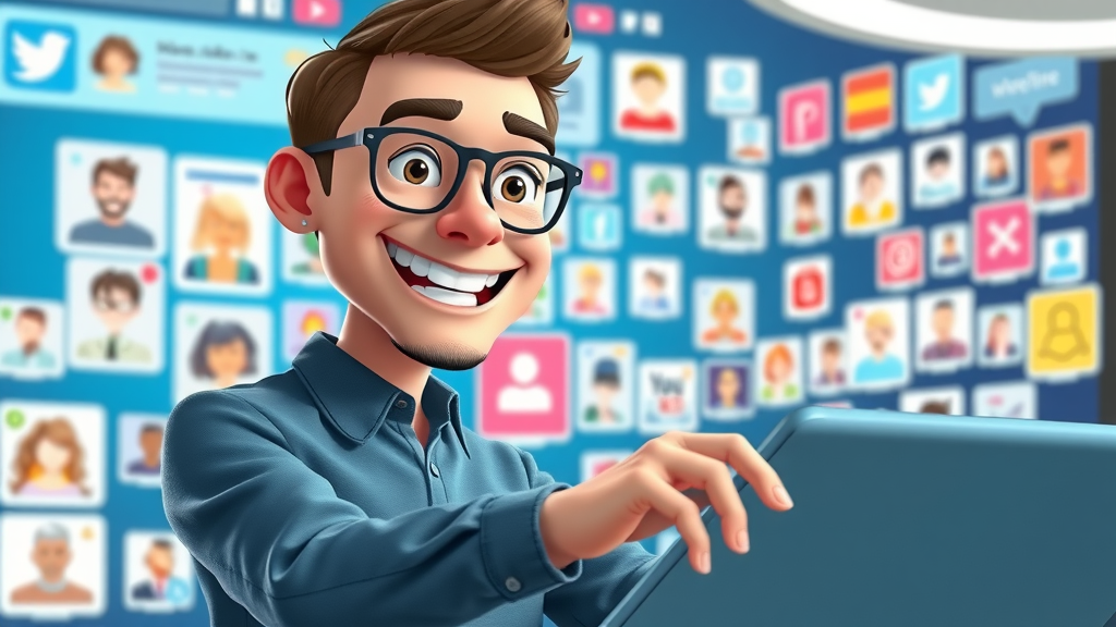 social media manager managing multiple platforms on a large touchscreen in a vibrant digital workspace