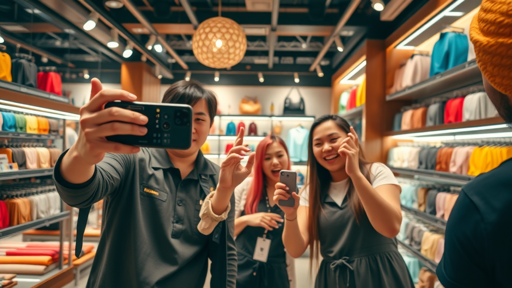 retail staff recording lively social media video to drive foot traffic to retail store, boutique setting, customers engaging with colorful displays