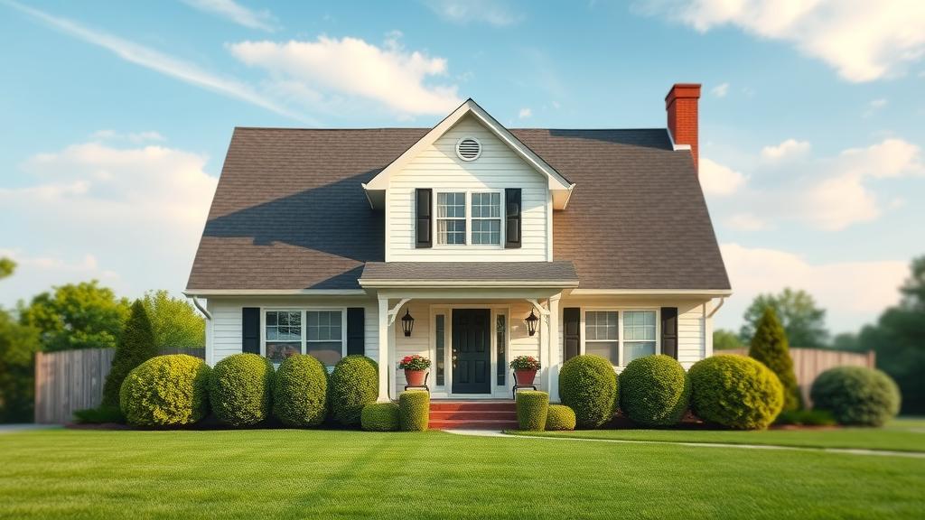 Traditional home with sharply pitched gable roof, types of roofs, clean roof lines, suburban setting