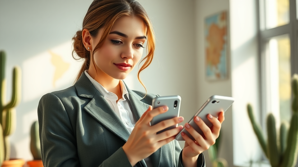 Businesswoman checking booking requests and messages on smartphone, google my business tools