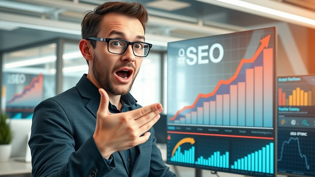 Off-page SEO infographic showing dramatic SEO growth, surprised digital marketer, modern office background, animated chart