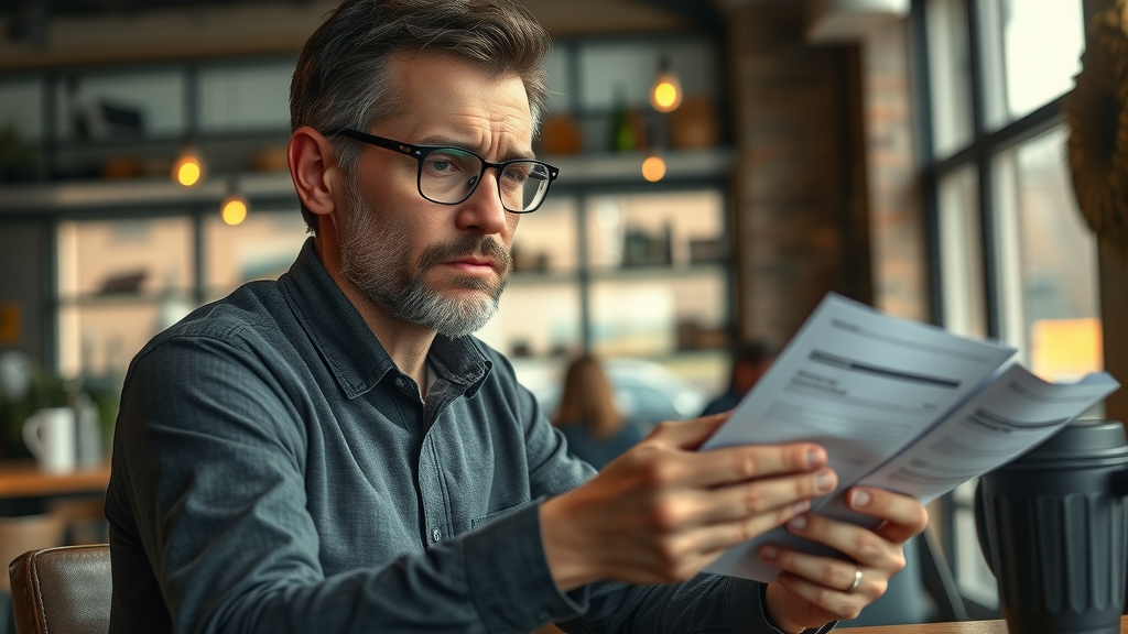 Minneapolis entrepreneur reviewing finances in neighborhood cafe, tackling real estate and business growth challenges