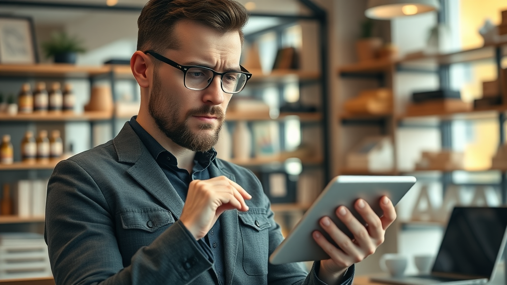 thoughtful small business owner reviewing analytics for digital marketing strategies