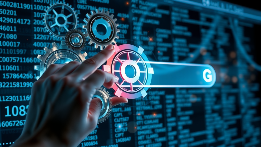 modern search engine interface visualizing algorithms favoring content over ads gears cogs linking content signals digital index google search engine high fidelity detail
