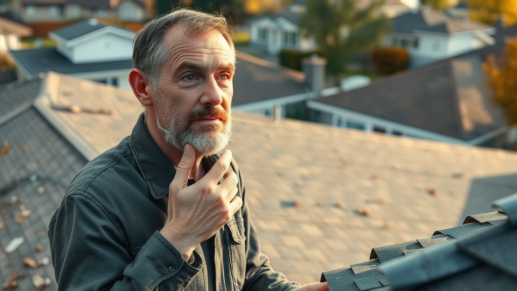 concerned homeowner examining damaged roof, thoughtful expression, loose shingles, damaged roofing contractors work