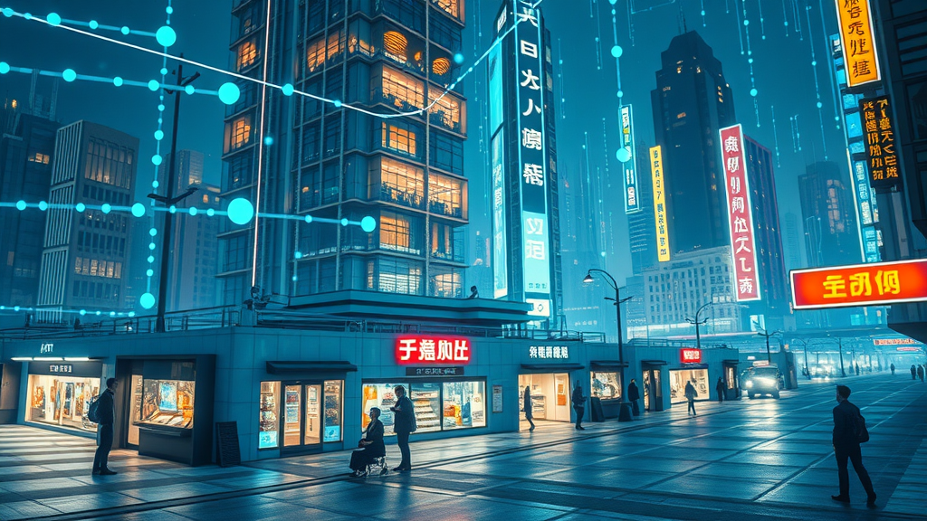 AI visibility for small businesses digital cityscape with glowing storefronts