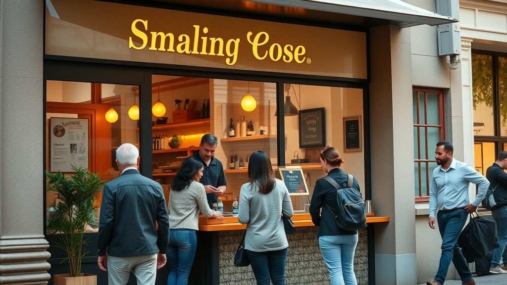 A small business storefront with inviting branding, where customers enjoy seamless, personalized service representing positive customer experience and brand equity.