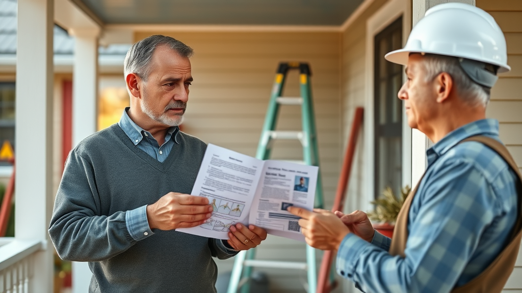 Homeowner interviewing roofing contractor about replacement costs and quality credentials