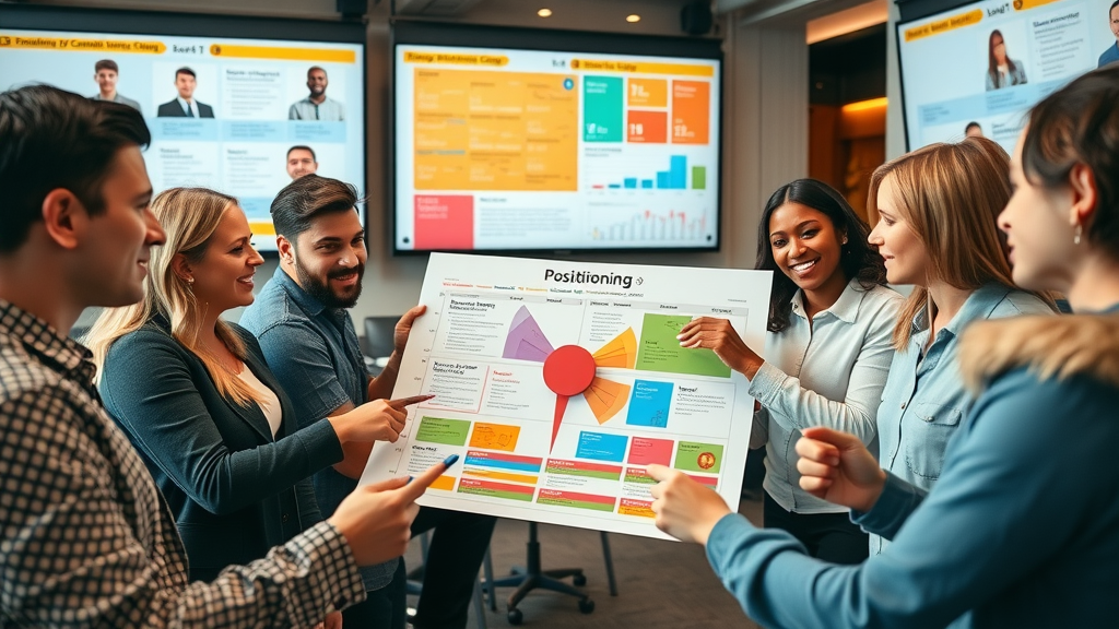 branding workshop team analyzing a colorful brand positioning map in a creative agency