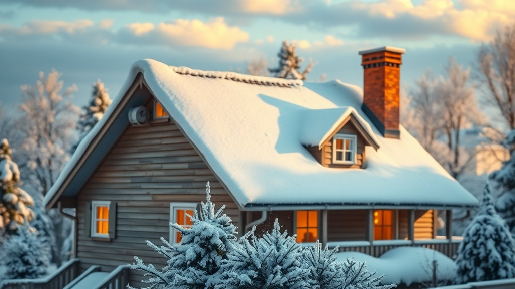 roof maintenance in winter, no ice dams, snow-covered home with clear roof edges, attic insulation