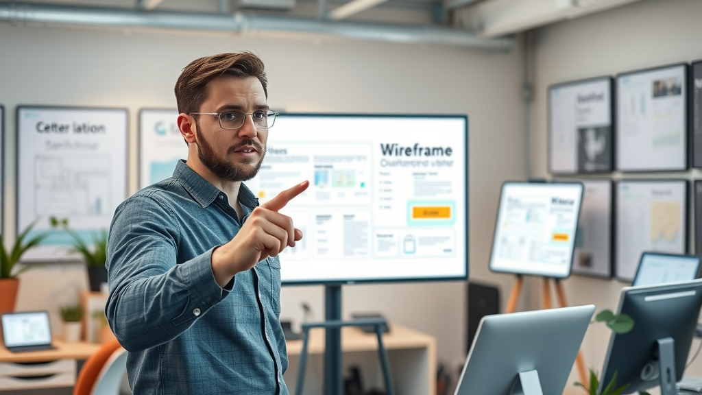 professional website wireframe with clear heading tags for on-page SEO, UX designer pointing at screen, creative studio