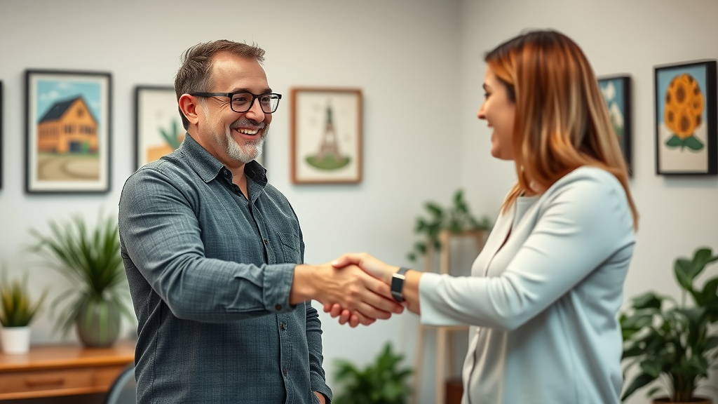 Ohio small business owner shaking hands with an SEO consultant, both smiling and forming a successful partnership.