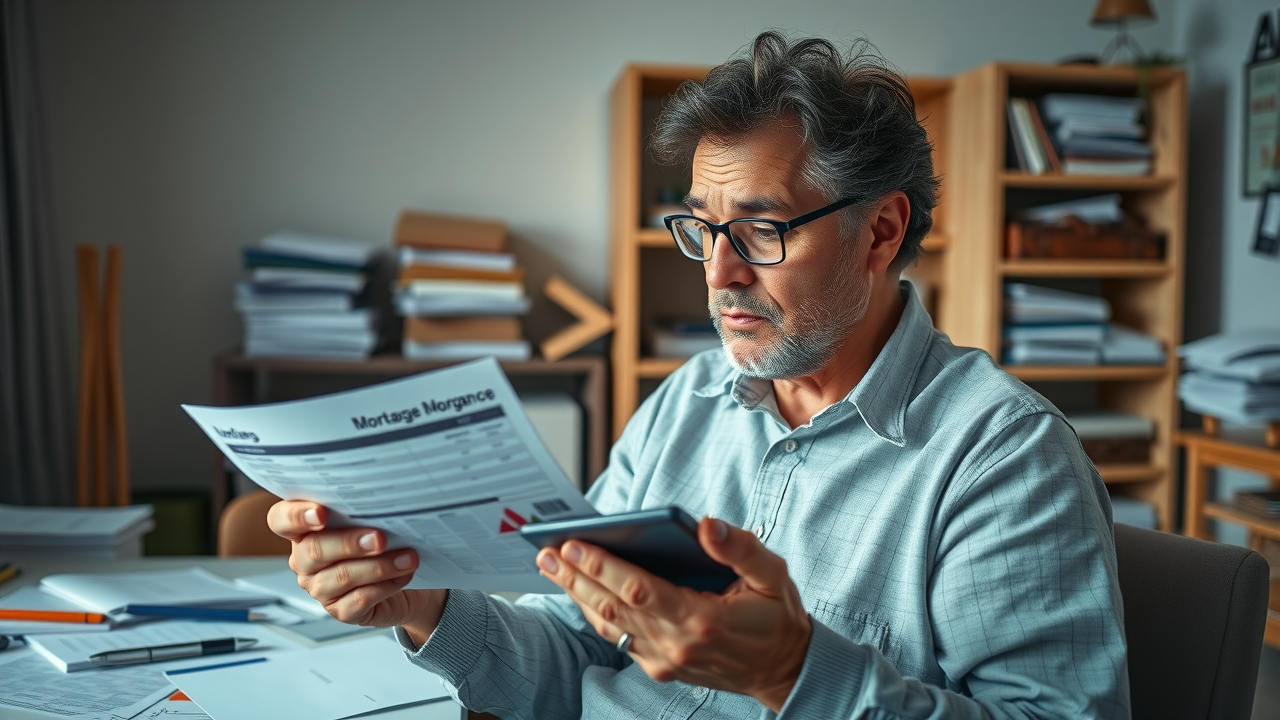 Concerned homeowner reviews mortgage bill and calculator, mortgage acceleration pitfalls in home office.