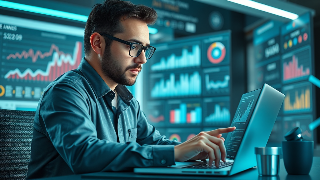 Marketing analyst reviewing brand recognition metrics on a futuristic analytics dashboard, illustrating the importance of metrics in successful marketing branding.