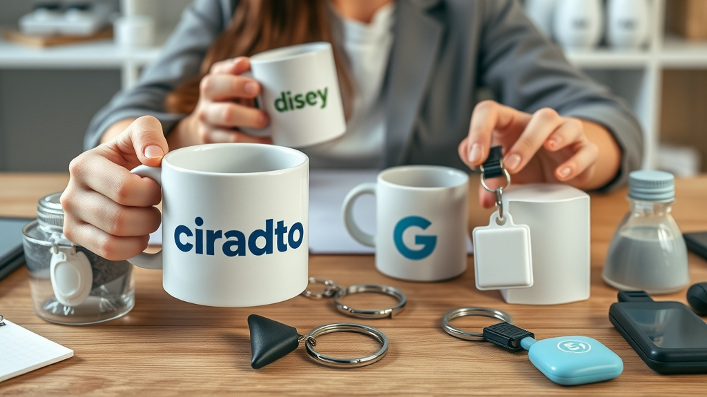 Close-up of branded promotional products marketing strategy items such as mugs and keychains in an office setting