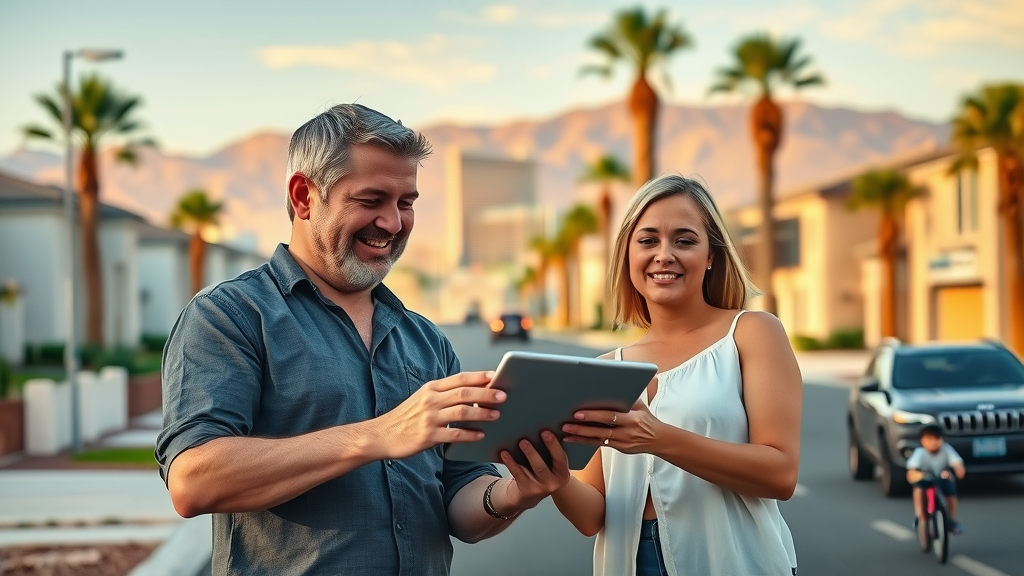Las Vegas Real Estate Market - modern residential area near Las Vegas Strip, couples reviewing data in an inviting neighborhood
