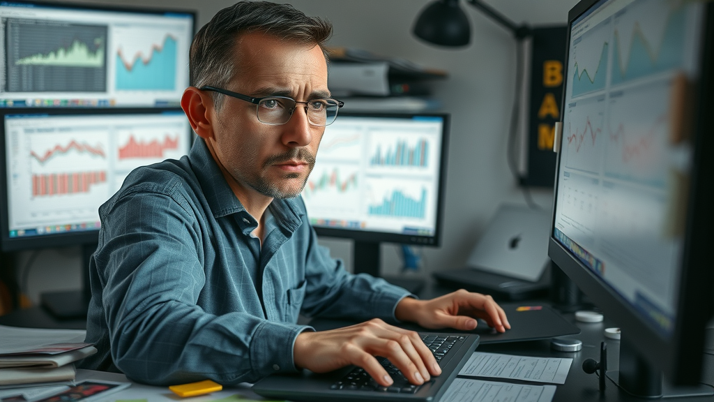 analytics dashboard trouble with confused analyst reviewing conflicting media metrics and channel analytics