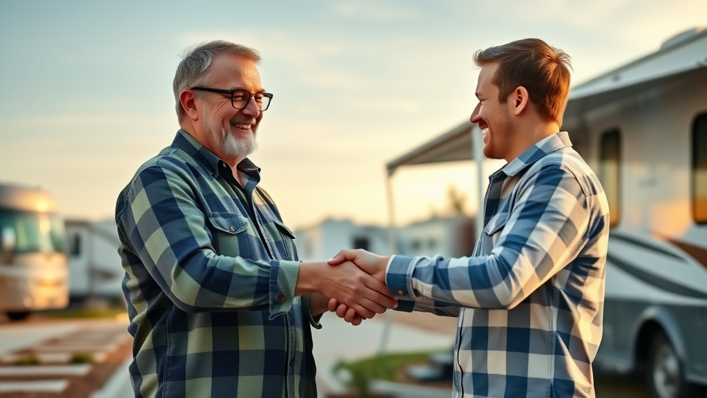 Happy RV park owner closing a successful deal with buyer