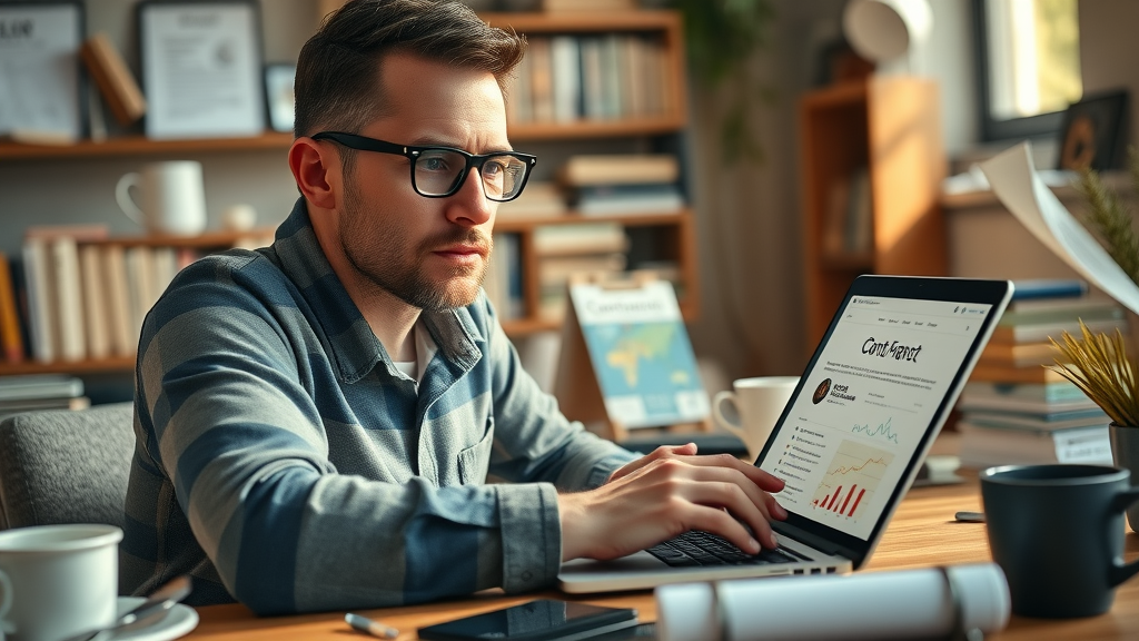 content creator working on a blog post and SEO analytics, cozy home office, content marketing techniques