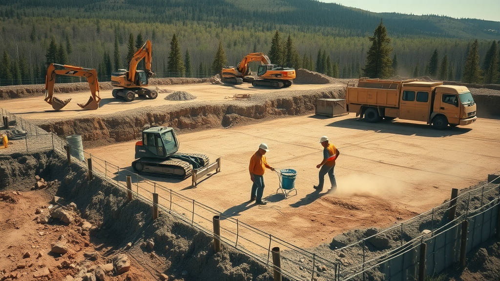 log home construction site excavation and site preparation with equipment and woodland backdrop