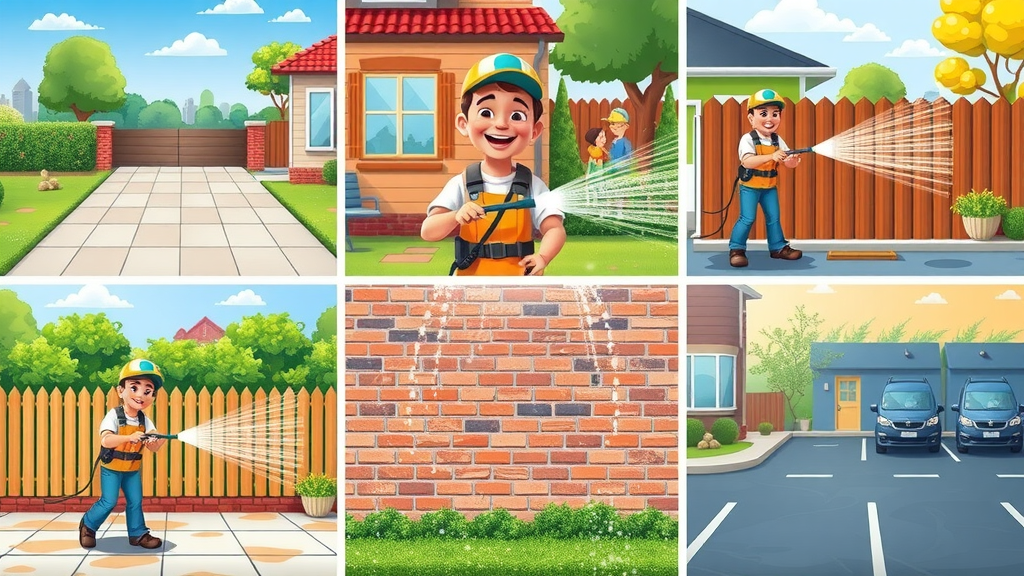 Five cartoon illustrations: pressure washing driveway, patio, fence, brick wall, and parking lot, showing effective cleaning action