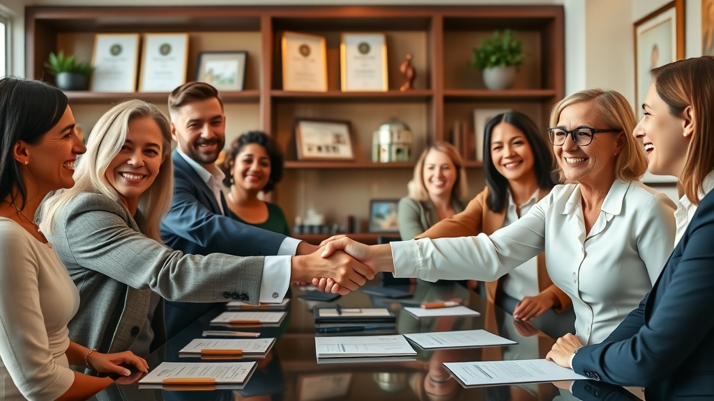Real estate attorney in New England congratulating clients at a closing table