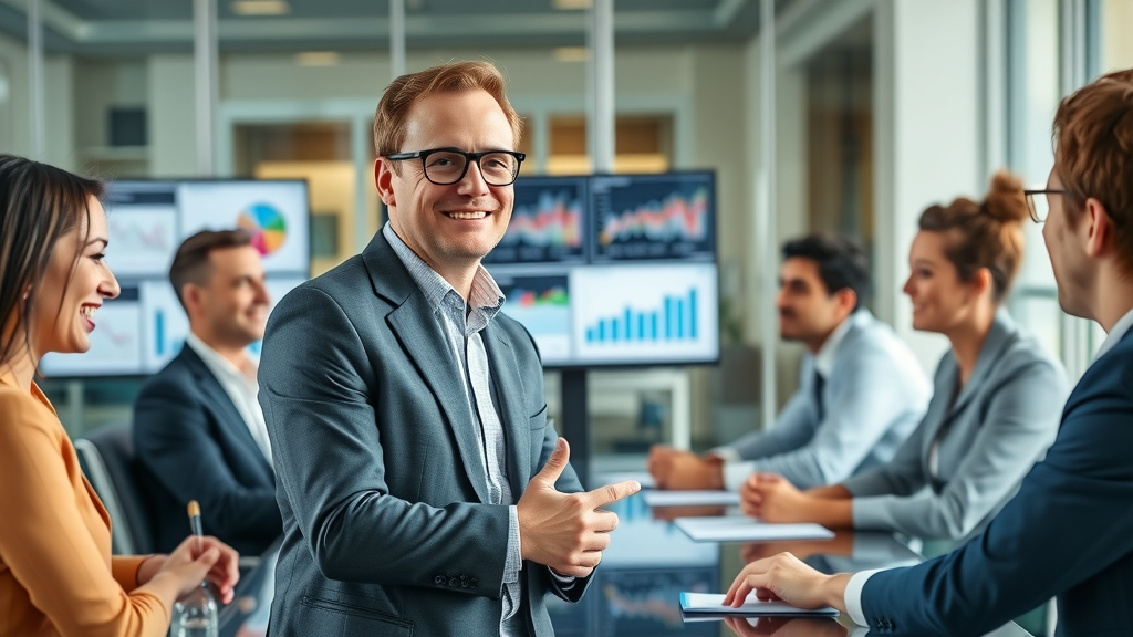 confident executive marketing leader in a boardroom with team, modern office, marketing analytics on monitors