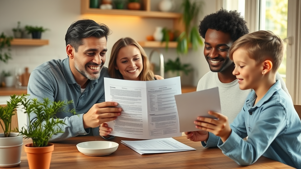 Diverse family comparing car repair insurance and mechanical breakdown insurance documents at home