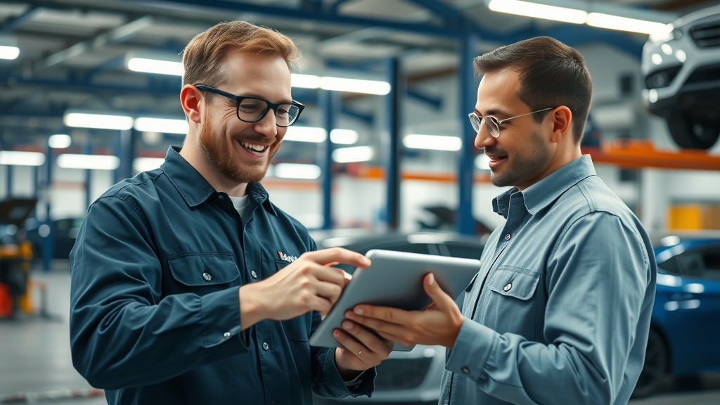 Experienced auto mechanic consulting with client about insurance auto repair claim in modern service bay