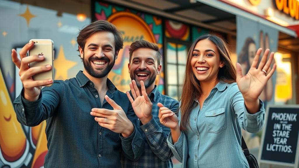 Smiling Phoenix entrepreneurs recording a promotional social media video together in front of a local storefront