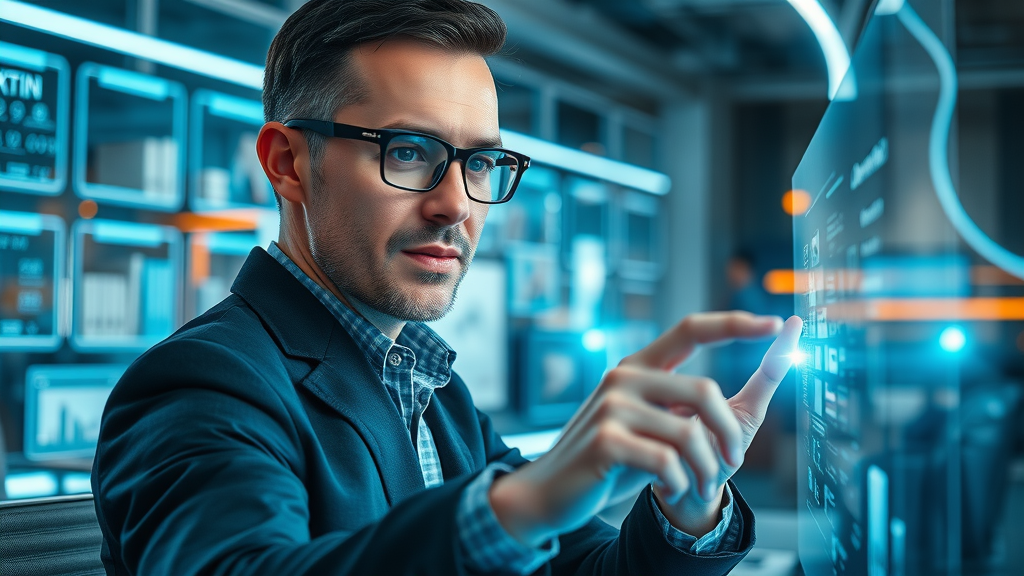Futuristic professional showcasing area-specific expertise with virtual interface in the United States job market